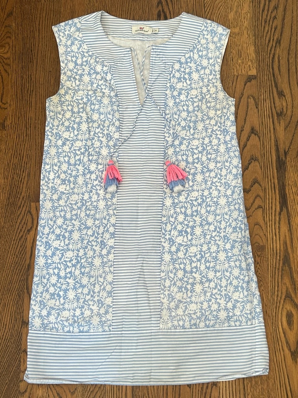Vineyard Vines Light Blue and White Striped Top with Pink Whale Logo